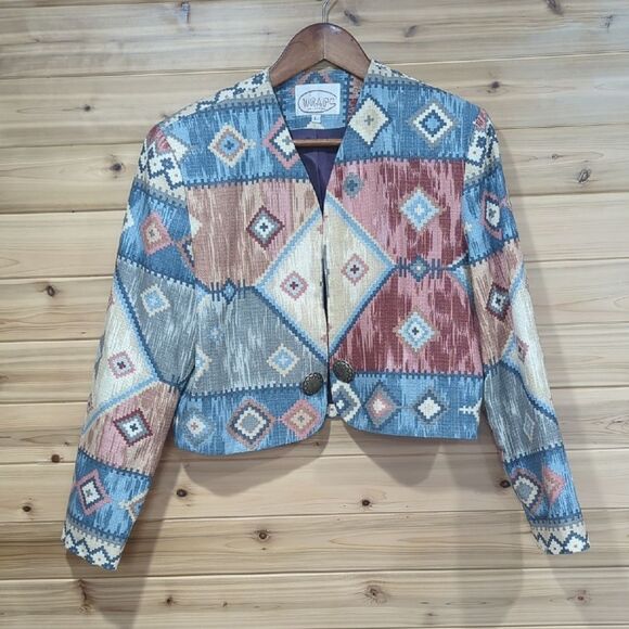 Vintage Jackets & Blazers - Vintage Western Jacket Womens Large Multicolor Pastel Southwestern Print Cropped